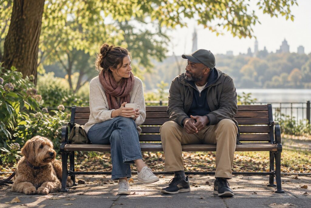 Two adults talking on a park bench in the morning sunshine.
