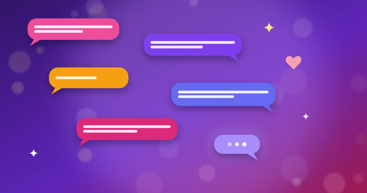 Speech bubbles showing chat room conversation starters on a phone screen