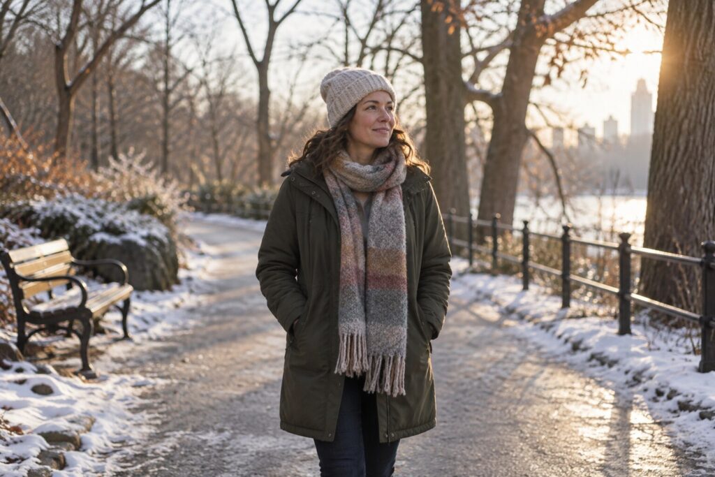 An adult enjoying morning sunshine on a snowy park path.