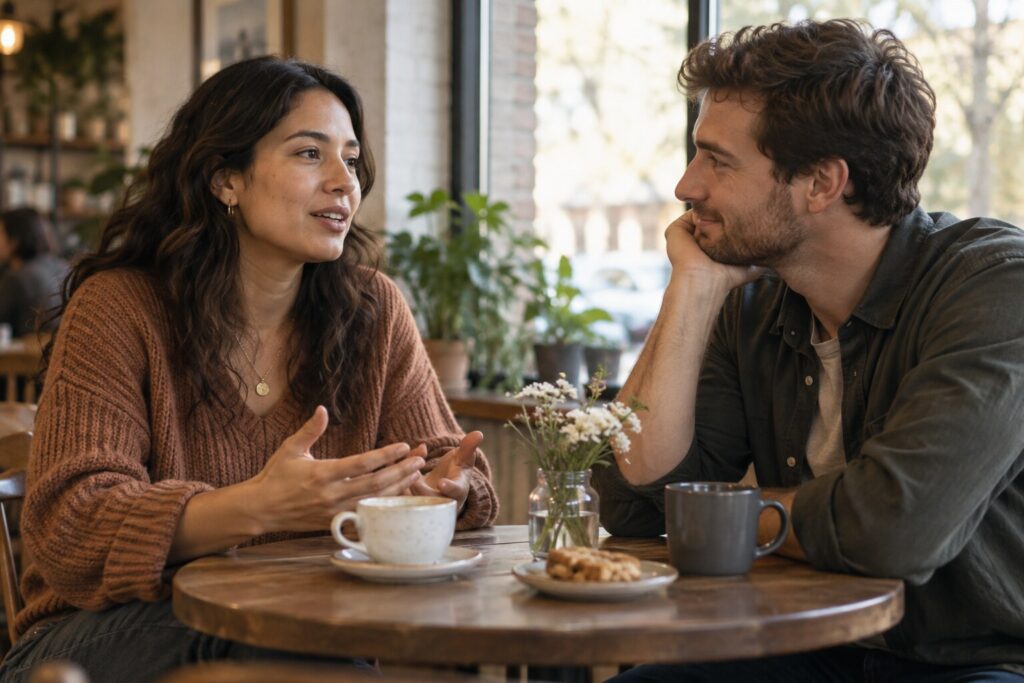 Two adults having a relaxed conversation over coffee by a cafe window.