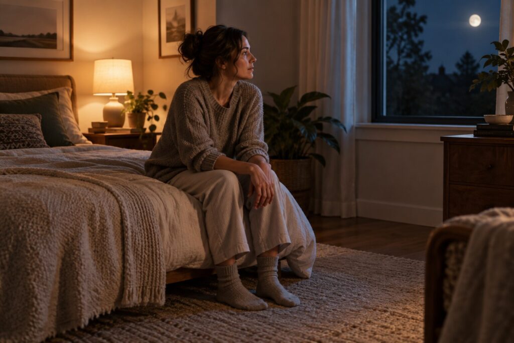 An adult sitting quietly on a bed beside a warm lamp at night.