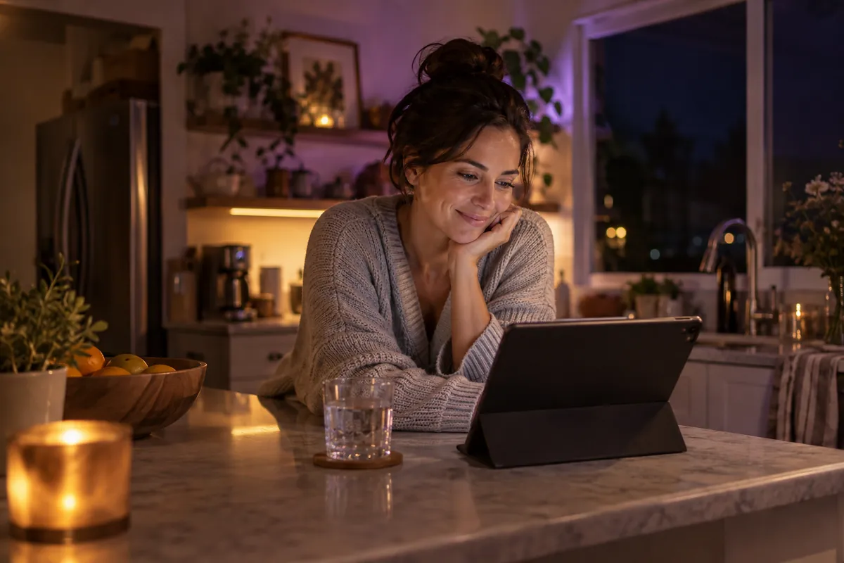 Adult reading a tablet with a smile, getting a feel for the room before they chat with strangers online