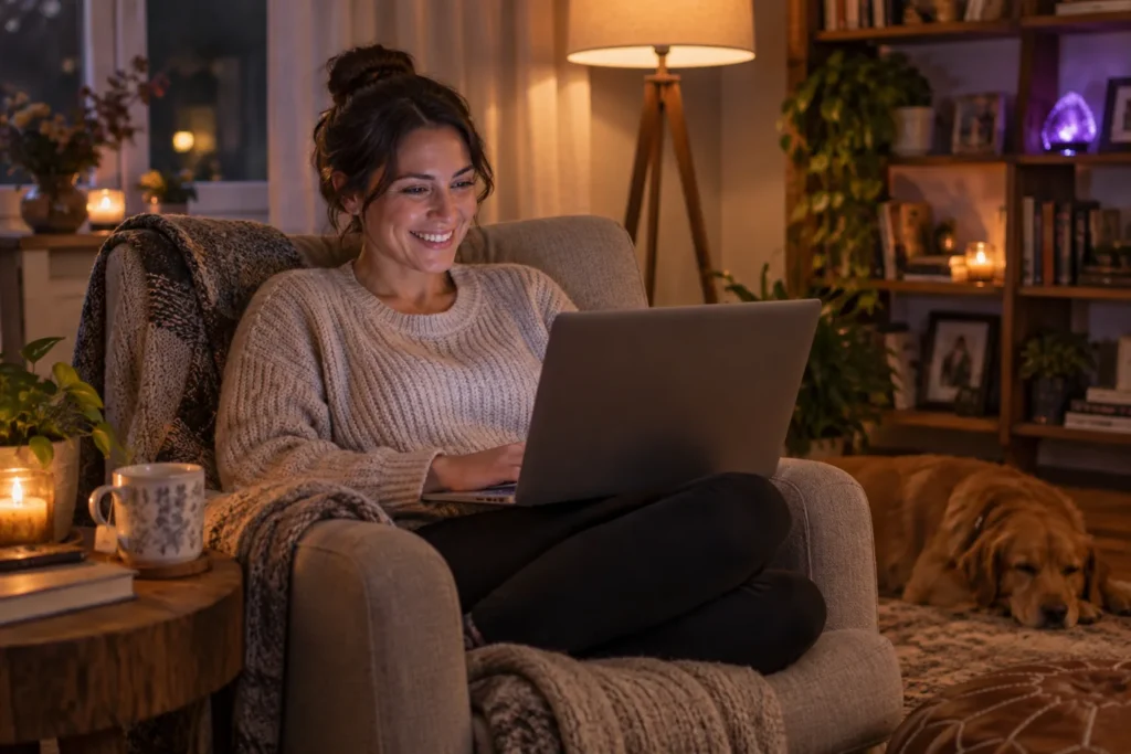 Woman smiling at a laptop in a cozy living room ready to chat with strangers online