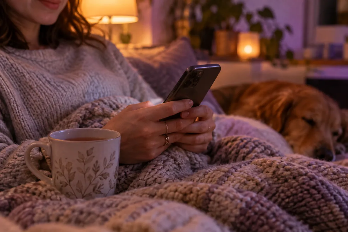 Hands holding a smartphone beside a mug of tea on a cozy blanket