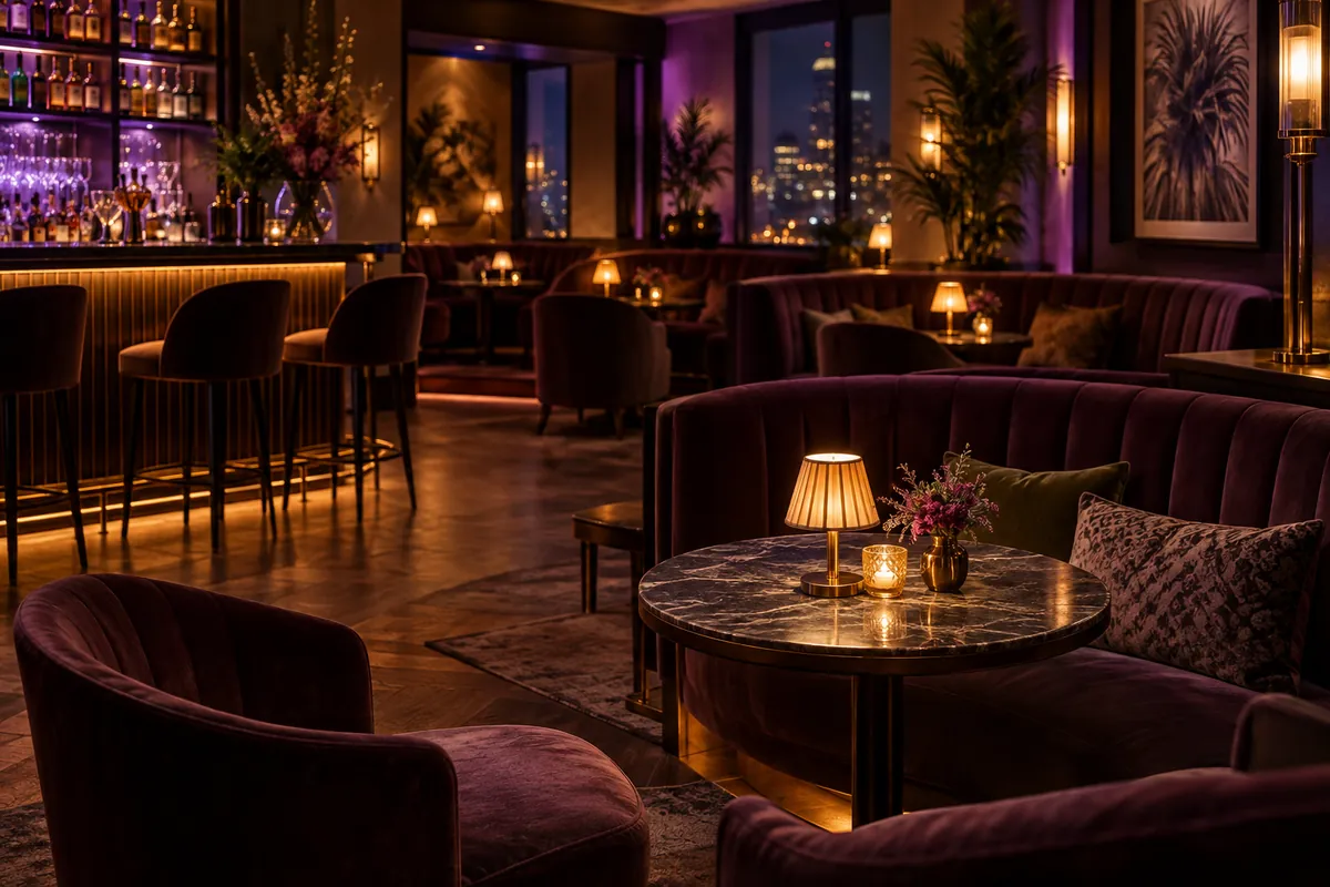 Warmly lit lounge bar with violet accent lights, the relaxed feel of The Sterling Diamond