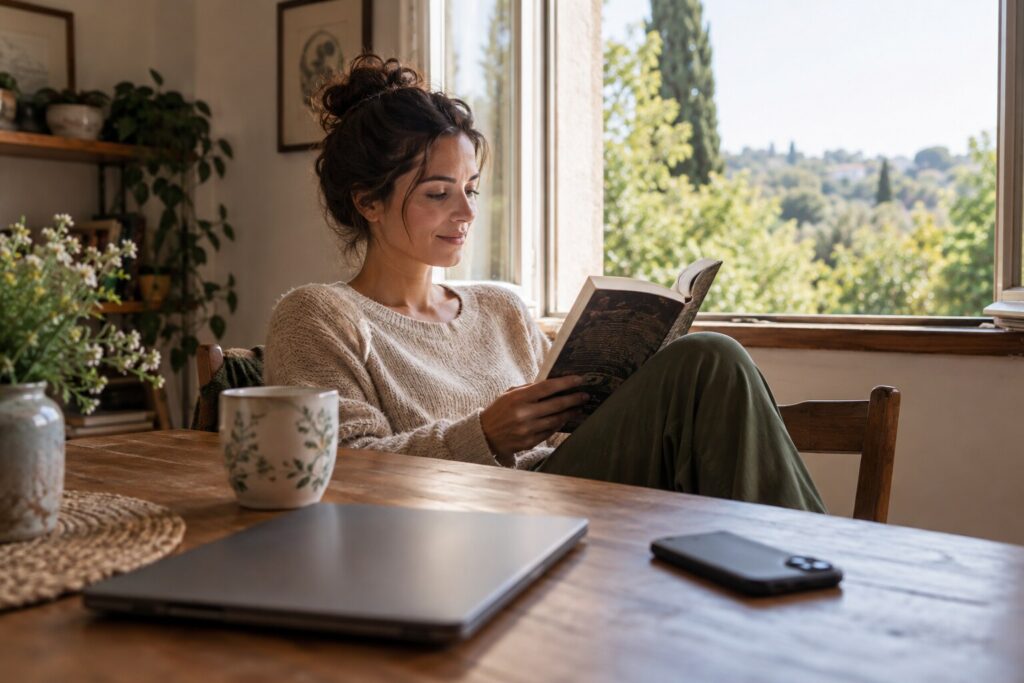 An adult reading by a window with a phone and closed laptop set aside.
