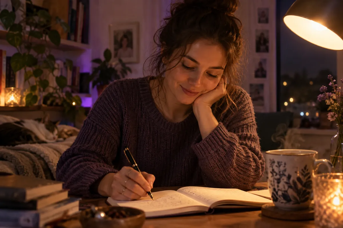 Woman writing in a notebook by lamplight, starting one of the erotic writing prompts