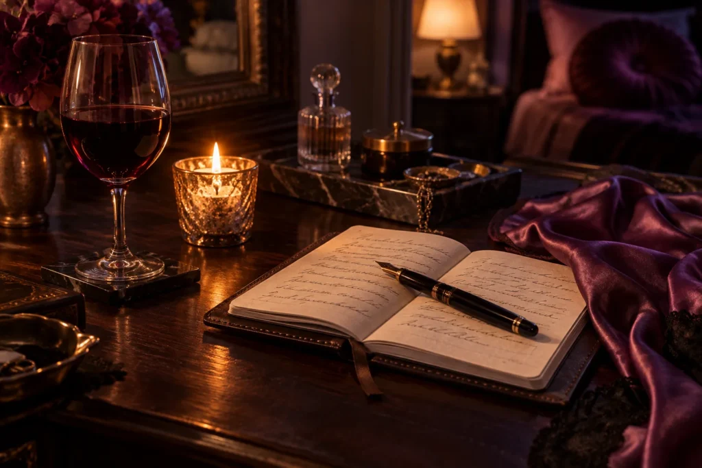 Notebook and fountain pen by candlelight, ready for erotic writing prompts