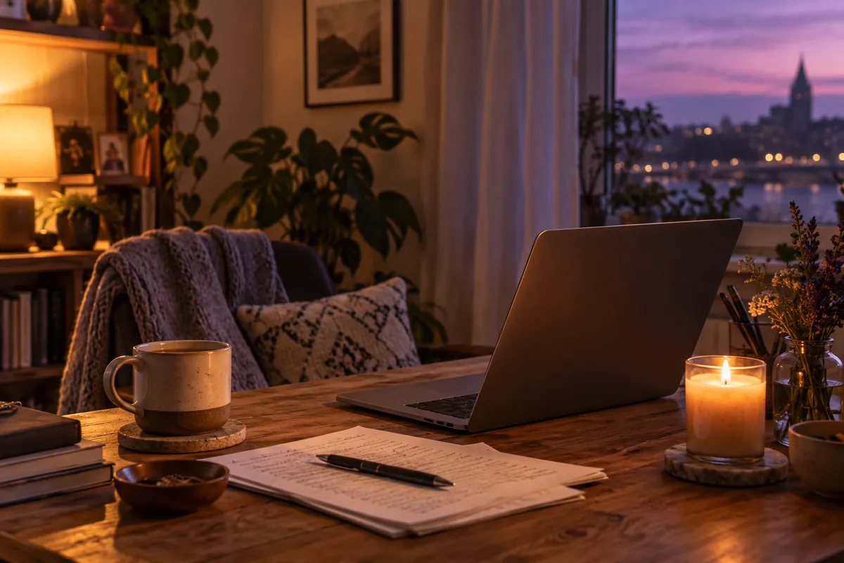 Laptop beside handwritten pages and a candle, ready for a shared roleplay story