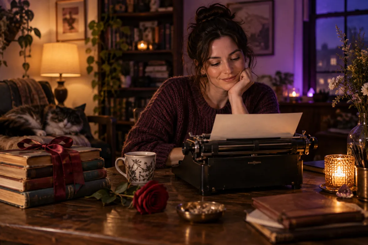 Writer at a vintage typewriter beside ribbon-tied books and a red rose