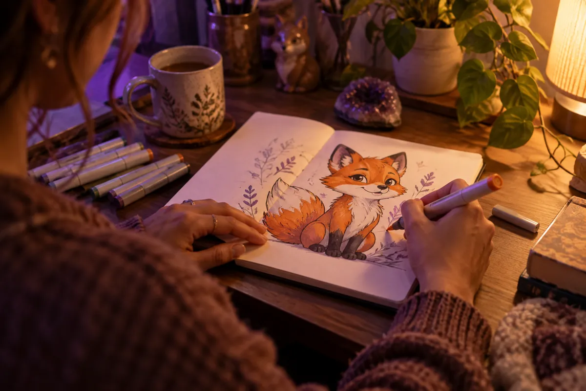 Hands sketching a colorful cartoon fox character, a first fursona in the furry fandom for beginners