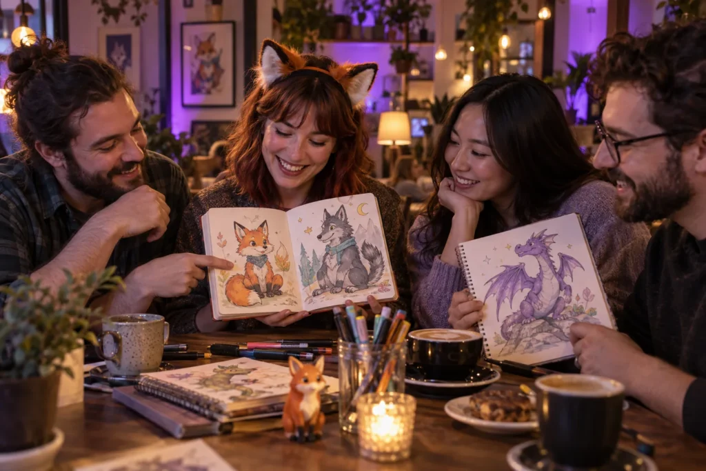 Adults sharing colorful animal character sketches at a cozy meetup, furry fandom for beginners