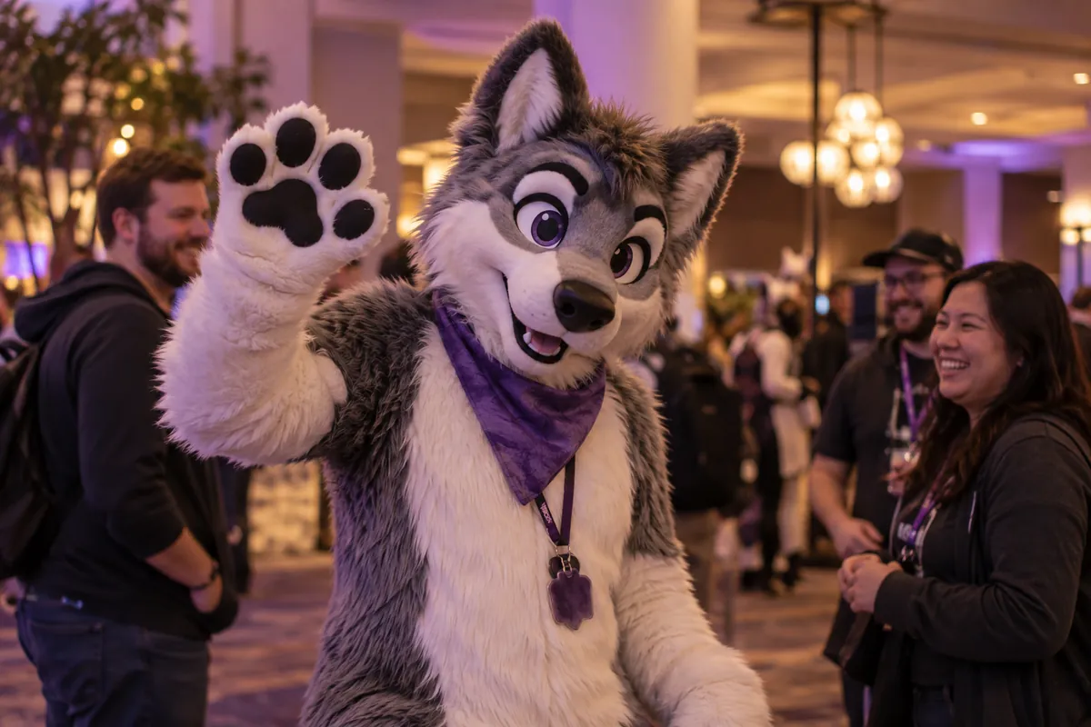 Cheerful person in a colorful cartoon wolf costume waving at a convention