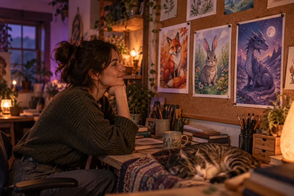 Artist admiring colorful cartoon fox, rabbit and dragon prints in a cozy studio