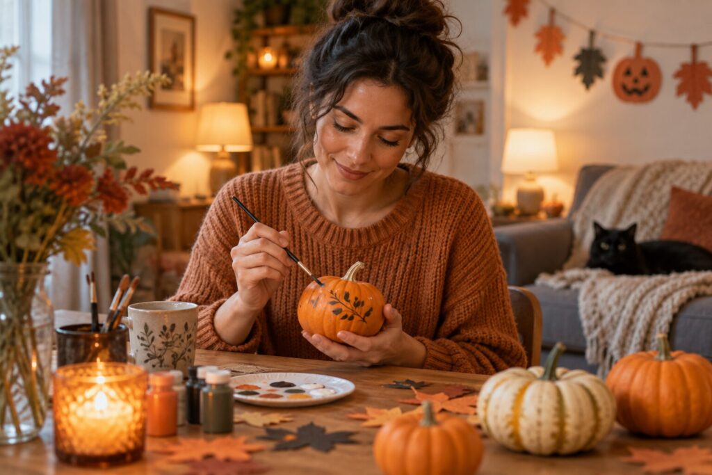 An adult painting a small pumpkin in a cozy room with autumn decorations.