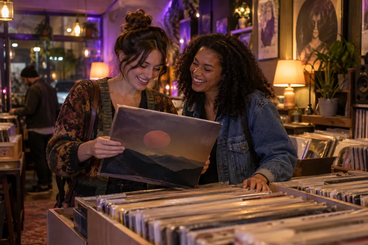 Two women laughing while browsing records, a relaxed way to meet queer women online through shared interests