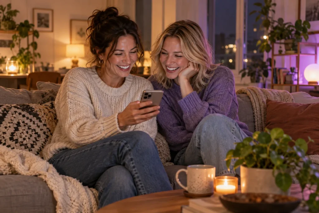 Two women laughing over a phone on a sofa, a warm way to meet queer women online