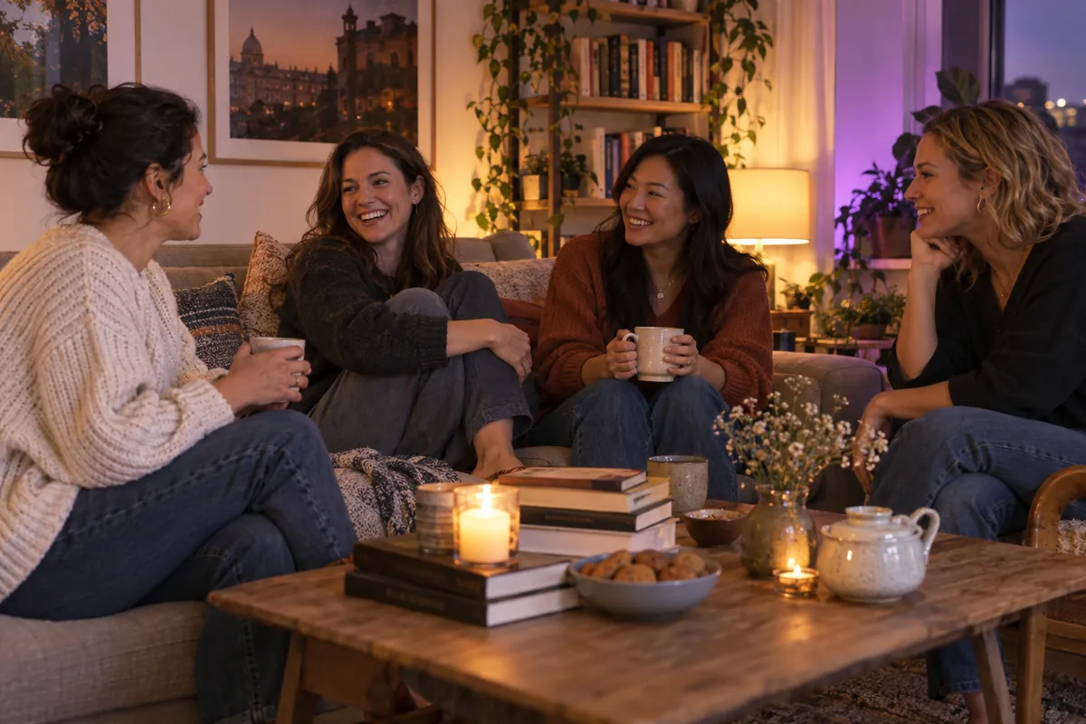 Women laughing together at a cozy book club in a warmly lit apartment