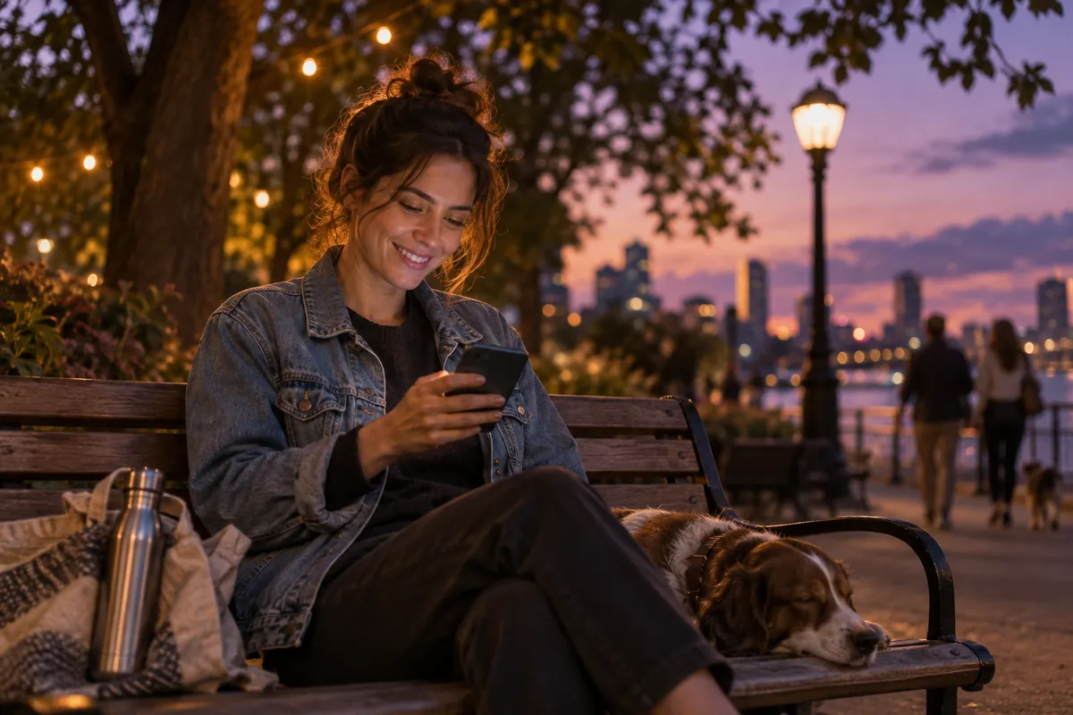 Woman smiling at her phone on a park bench at dusk under string lights