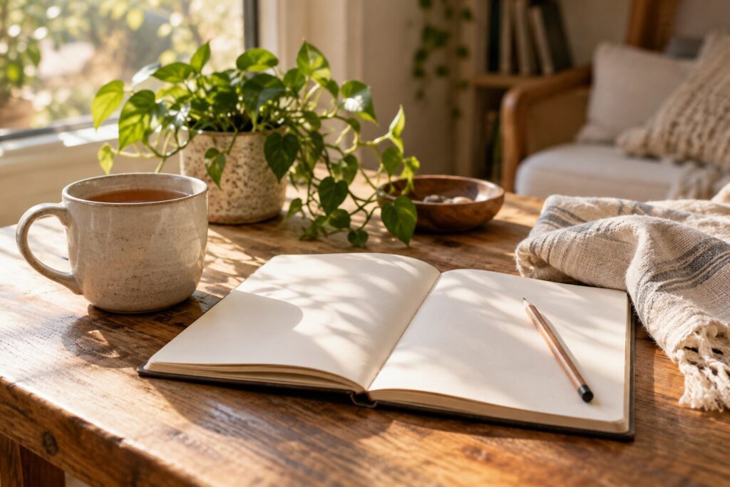 A mug of tea, blank journal, pencil and houseplant on a sunlit table.
