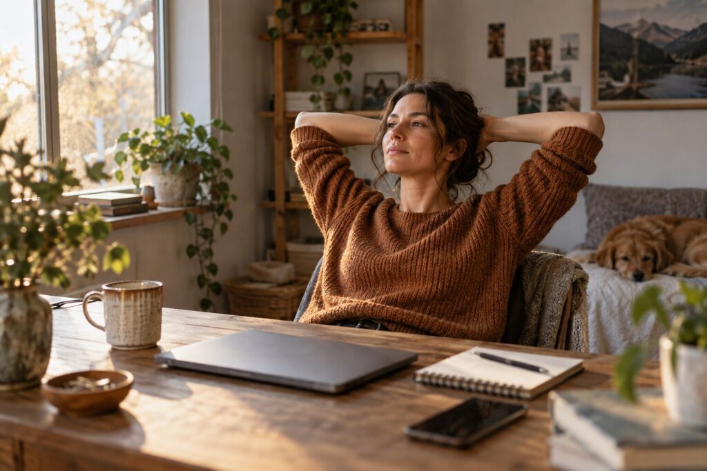 An adult taking a break at a desk with a closed laptop.