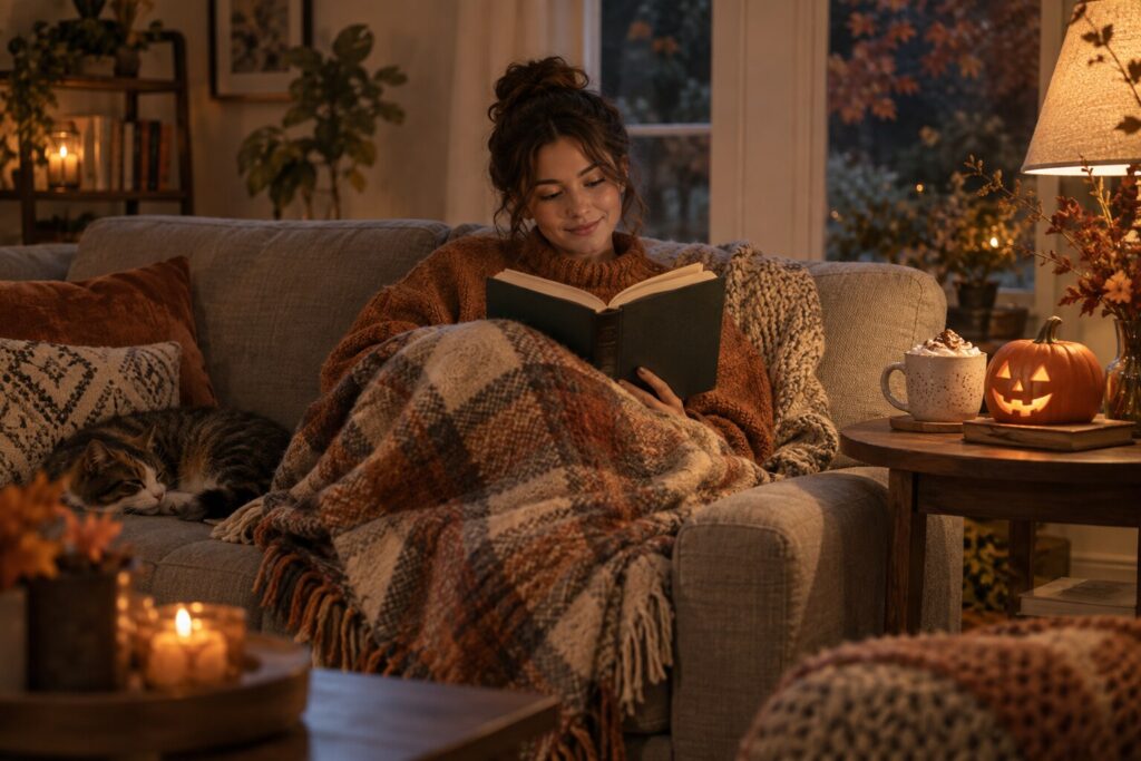 An adult reading under a blanket beside a glowing pumpkin and hot cocoa.