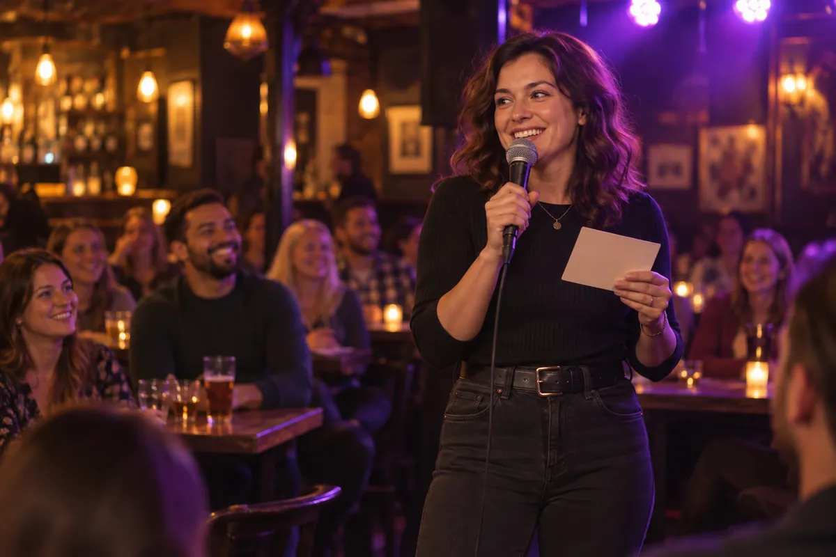 Smiling trivia host with a microphone asking trivia questions for adults in a lively pub
