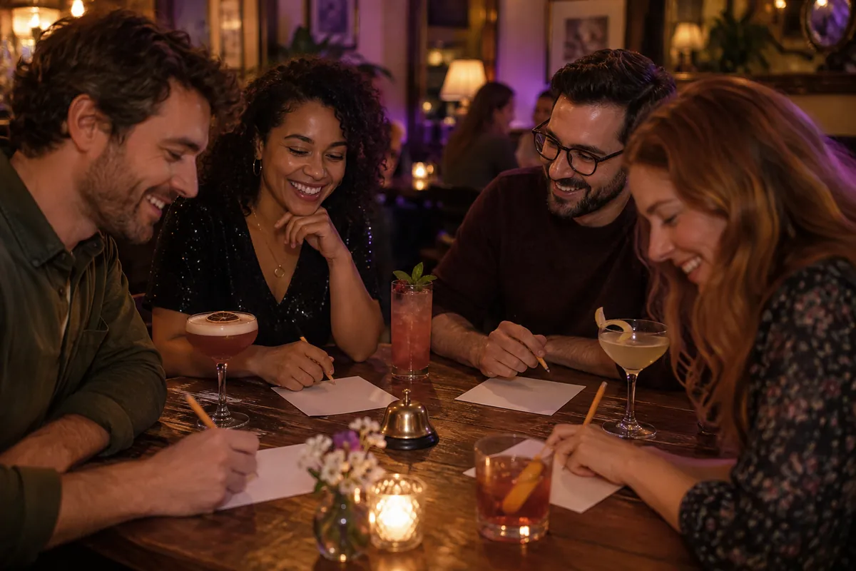 Friends at a pub table filling in answer sheets over cocktails