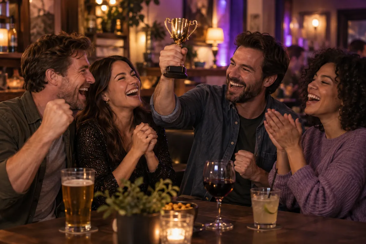 Friends cheering with a small gold trophy after winning trivia night
