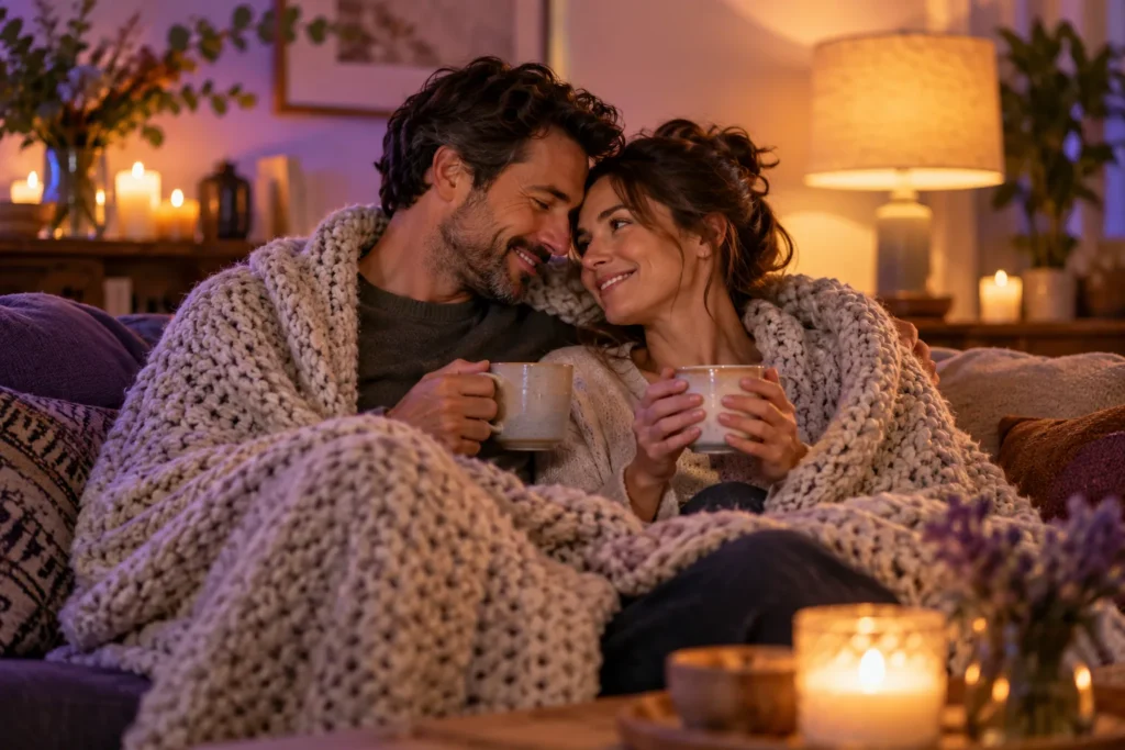 Two adults wrapped in a soft blanket sharing tea, showing gentle BDSM aftercare
