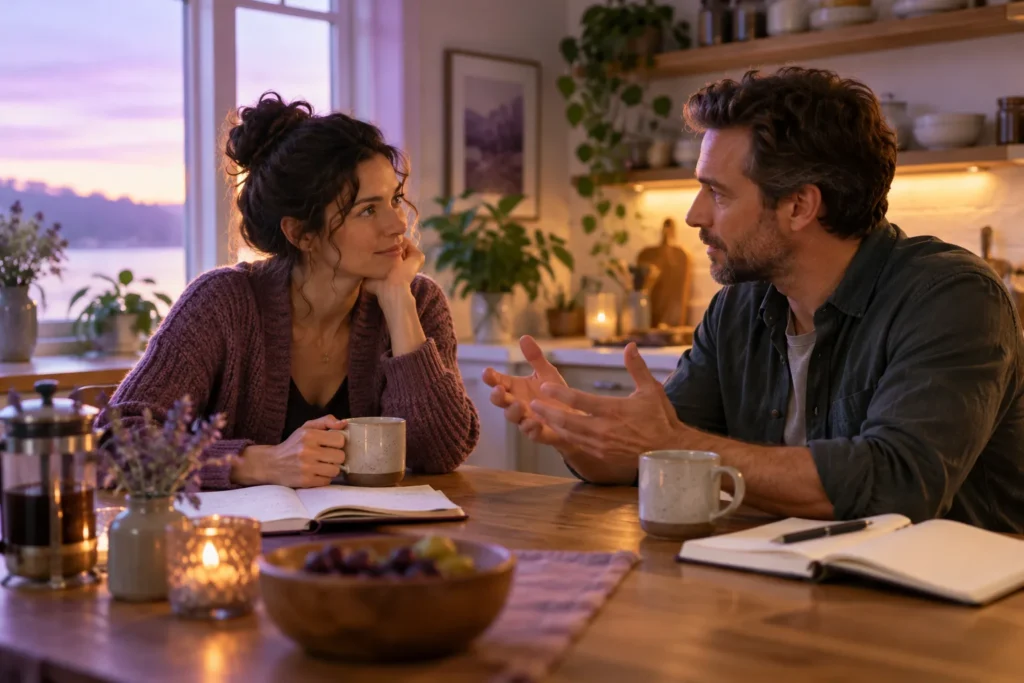 Two adults sitting at a kitchen table with notebooks during a BDSM negotiation