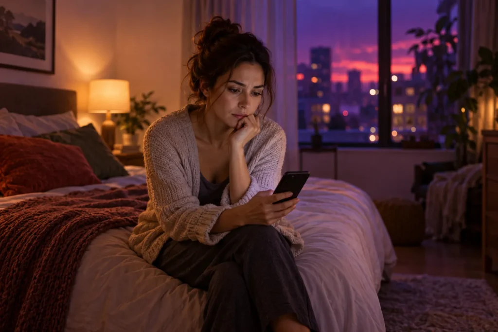 Person reading messages on a phone with a cautious expression, spotting BDSM red flags