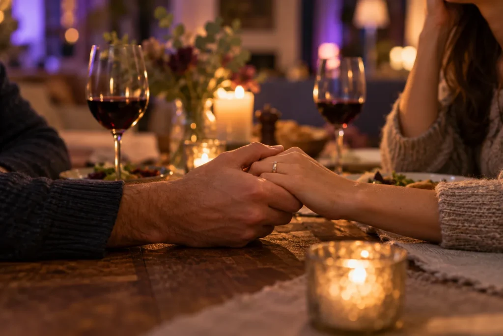 Couple holding hands across a table, symbolizing trust in a power exchange relationship