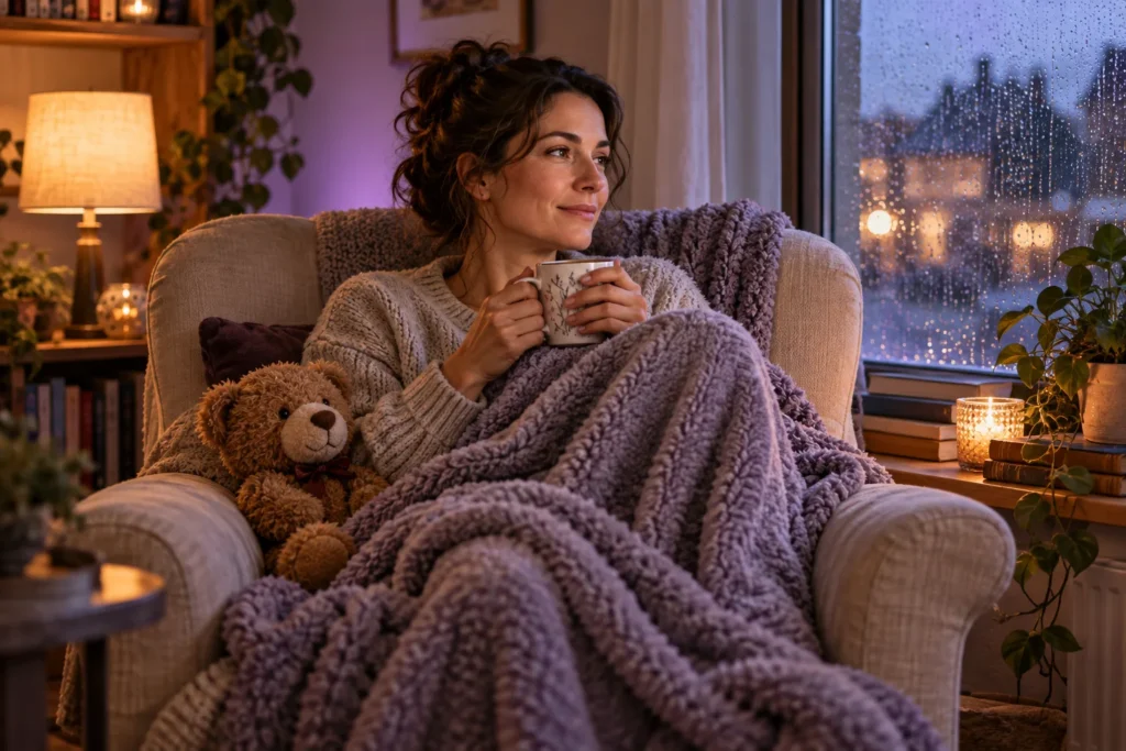Person resting under a warm blanket with tea, recovering from sub drop