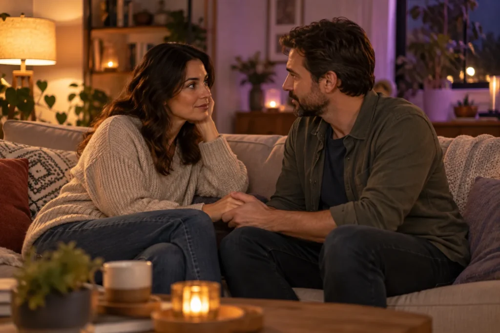 Couple sitting together on a couch in an honest conversation, talking about kink