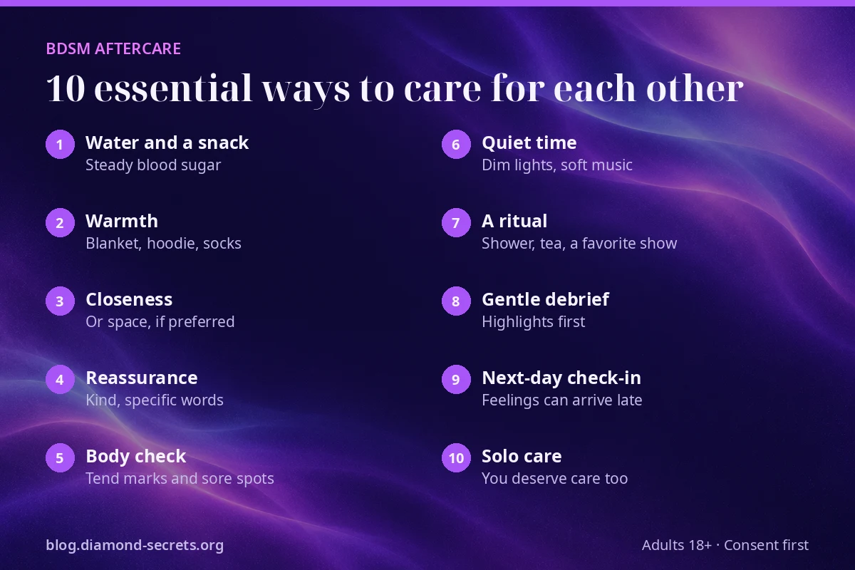 Infographic of ten essential BDSM aftercare ideas, from water and warmth to a next-day check-in