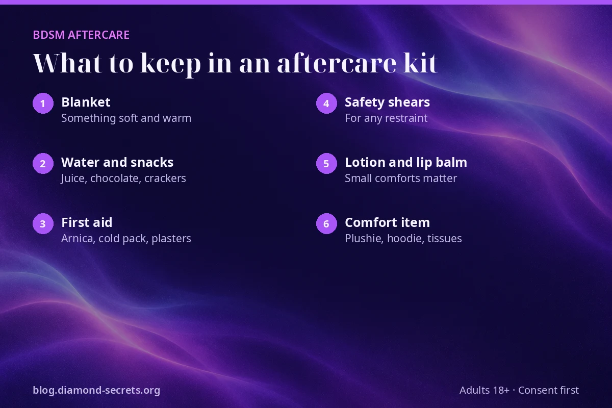 Checklist of what to keep in a BDSM aftercare kit, including a blanket, water and safety shears