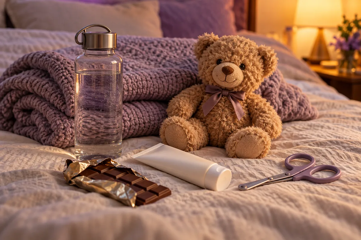Flat lay of a blanket, water, chocolate and a plush bear for BDSM aftercare