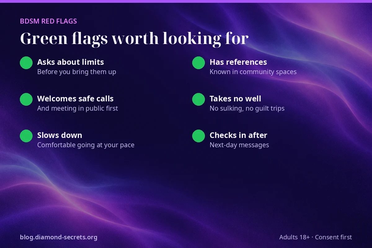 Six green flags of a trustworthy BDSM partner, from asking about limits to checking in after