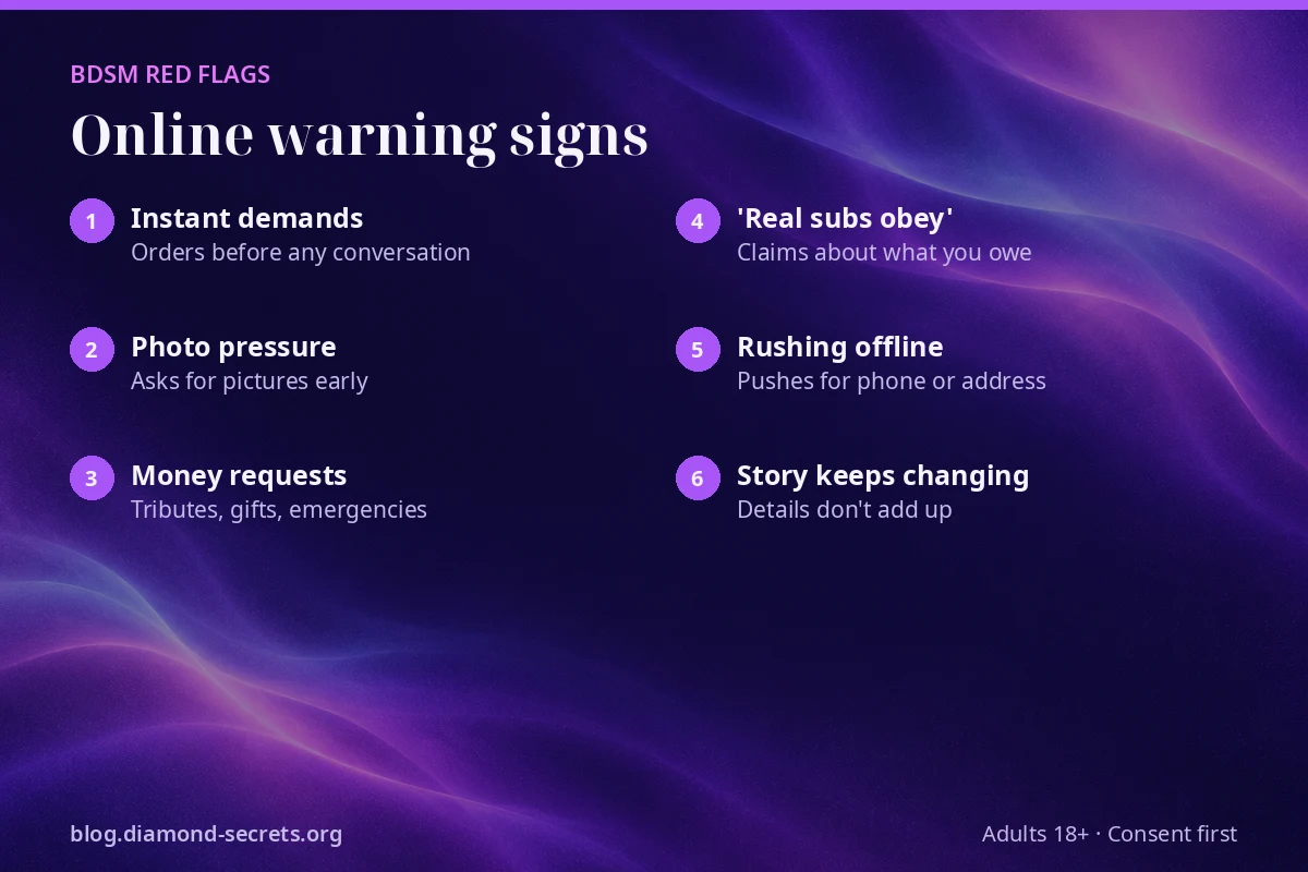 Six online BDSM red flags, including photo pressure and money requests