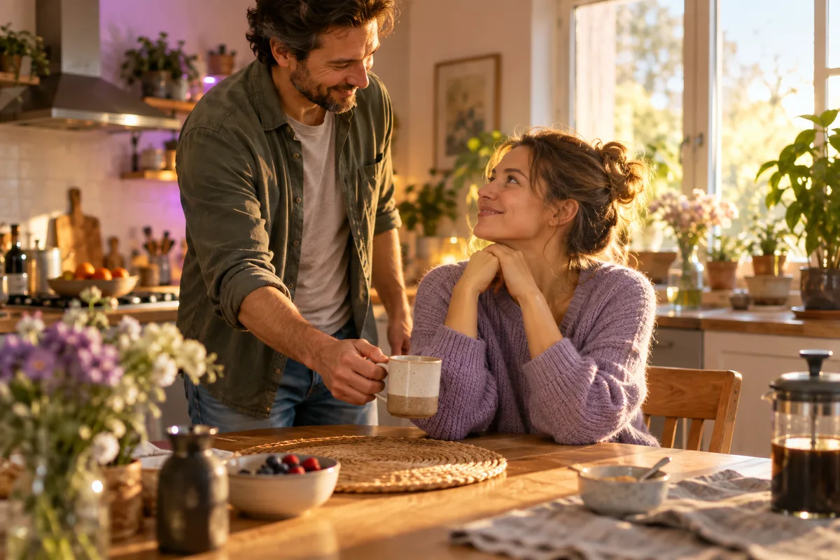 Partner bringing morning coffee as a small ritual of service in a power exchange
