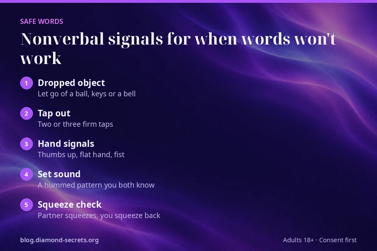 Five nonverbal alternatives to spoken safe words, including a dropped object and a tap out