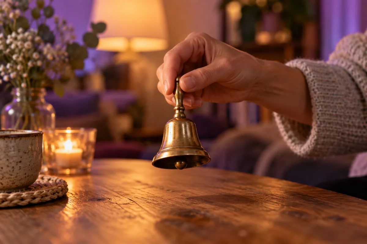 Hand holding a small brass bell, a nonverbal alternative to spoken safe words
