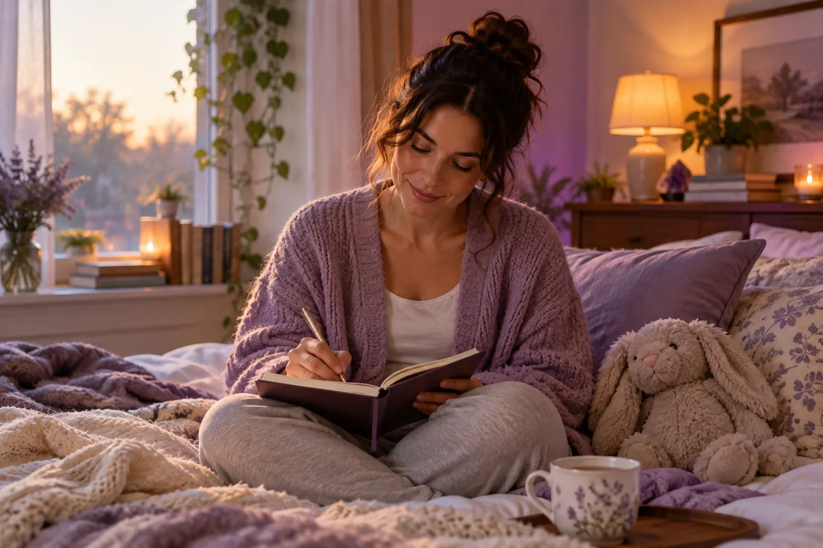 Person journaling in bed with tea to recover from sub drop