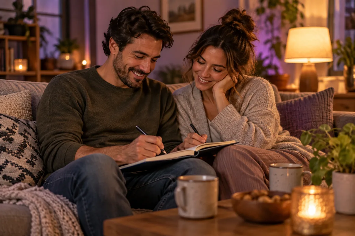 Couple writing in a shared notebook, talking about kink together